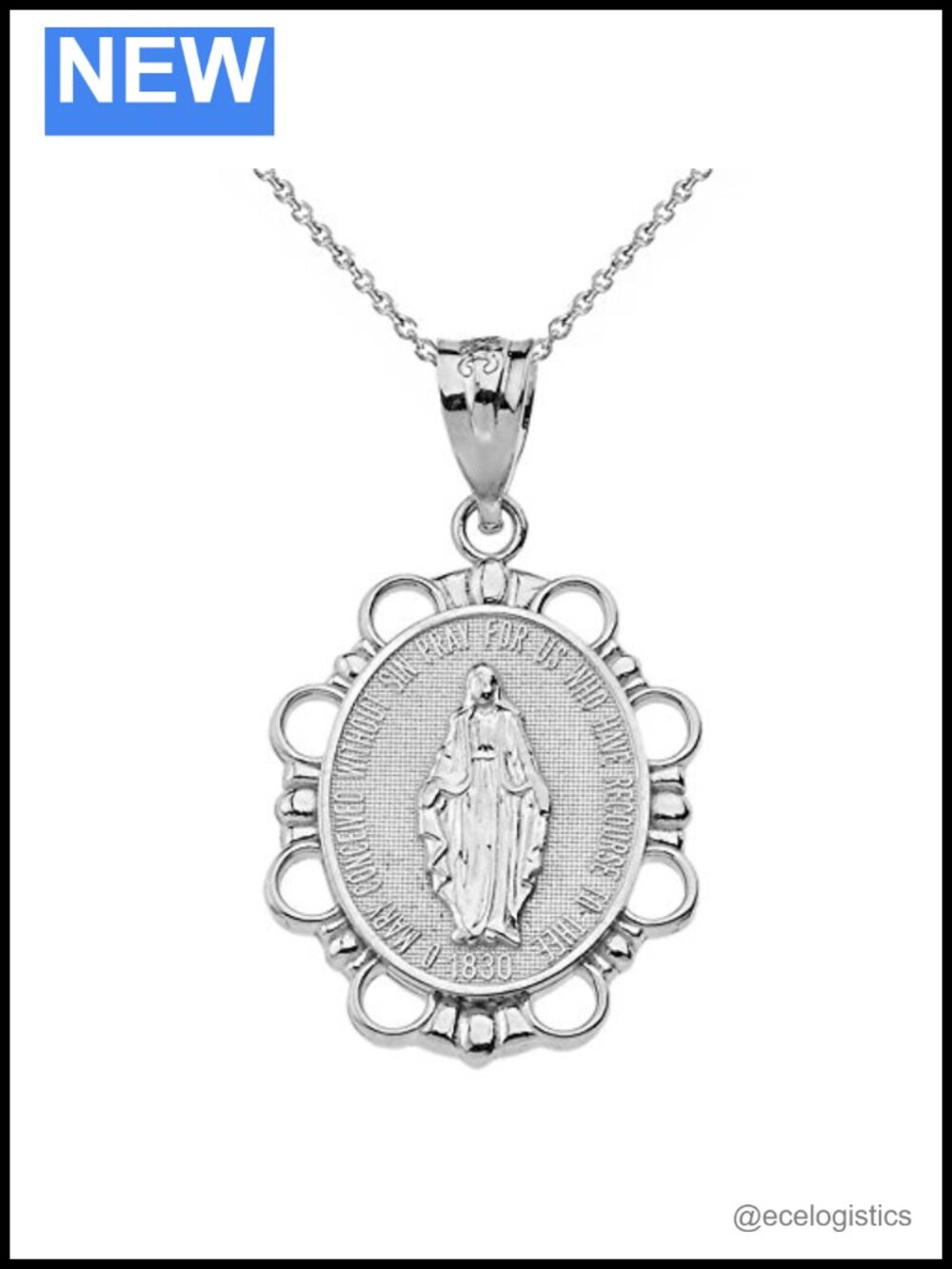 925 Sterling Silver Miraculous Medal Pendant Necklace with Rolo Chain